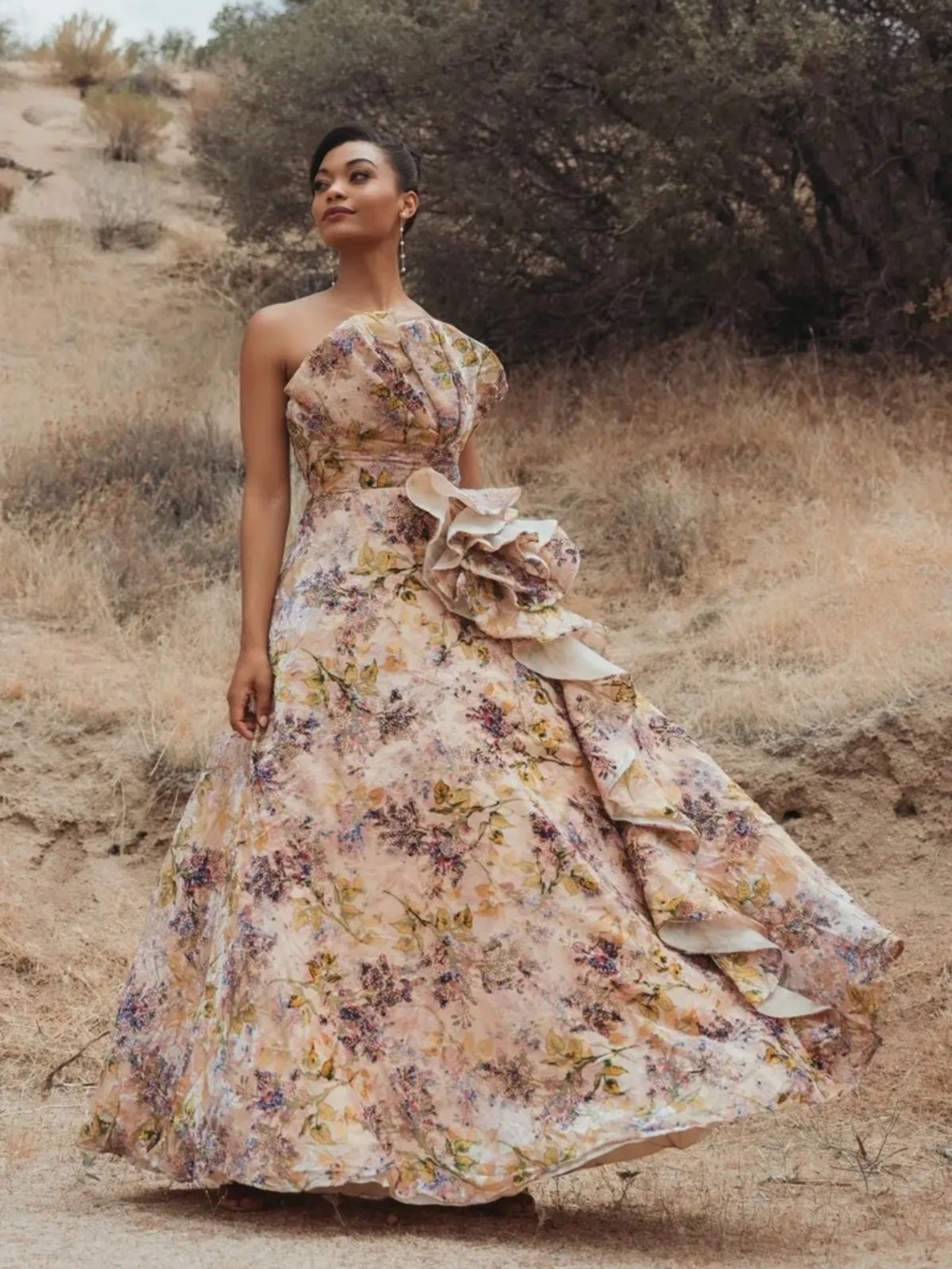 Mac Duggal Collection Pink Strapless Floral Ball Gown With Ruffle Detail 11980